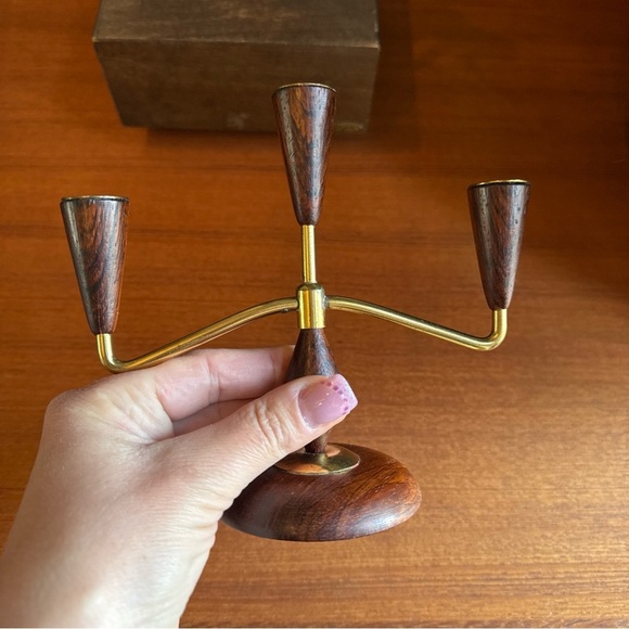 Mcm Mid-century modern vintage teak/rosewood ? brass candle holder - Picture 9 of 12